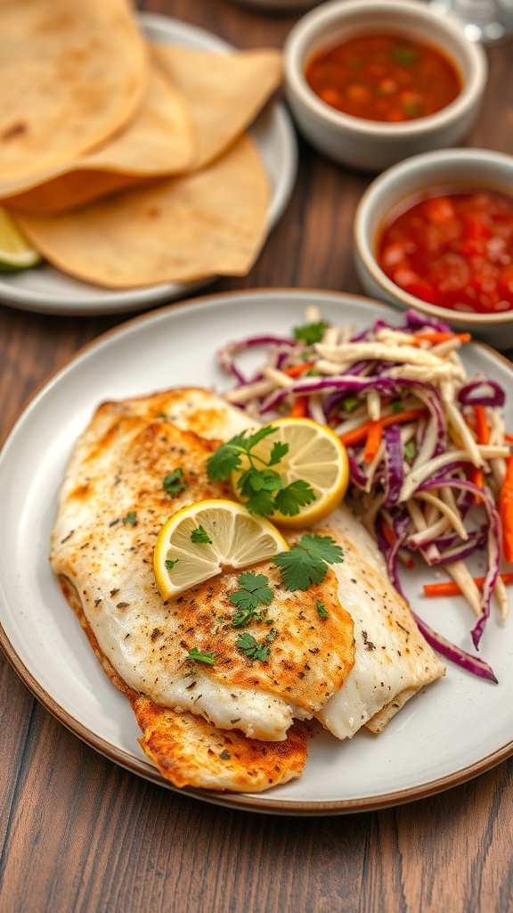 Delicious Tilapia Dinner Ideas Baked tilapia fillet with lemon and herbs, served with cabbage slaw and tortillas on a wooden table.